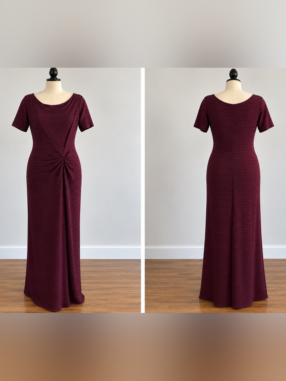 Tadashi Shoji Short-Sleeve Twist-Front Evening Gown in Deep Wine